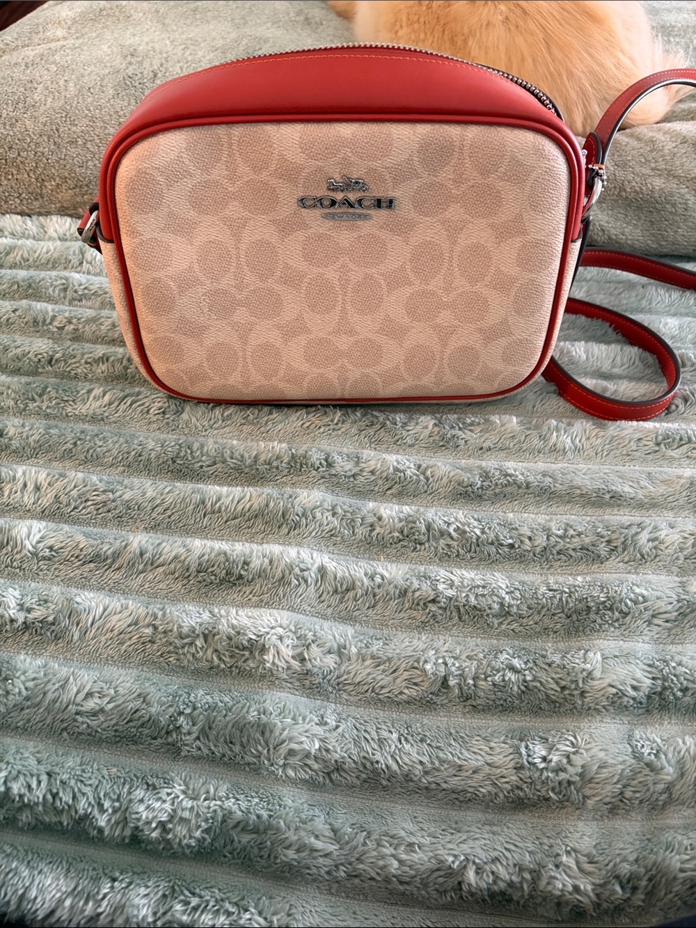Coach Cream Signature Canvas Crossbody with Red Trim